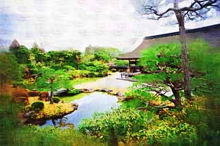 illust, matire, libre, paysage, image, le tableau, crayon de la couleur, colorie, en tirant,Temple Ninna-ji jardin nord, Cinq pagode Storeyed, Je suis Japonais-style, tang, style de jardin japonais avec un tang dans le jardin de centre