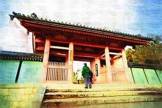 illust, materiell, befreit, Landschaft, Bild, Gemlde, Farbbleistift, Wachsmalstift, Zeichnung,,Ninna-ji Temple-Tor baute zwischen dem Haupttor und dem Haupthaus der Palast-entworfenen Architektur in der Fujiwara-Periode, Ich werde in roten gemalt, steinigen Sie Treppe, Verehrer, Welterbe