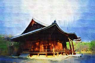 illust, materiell, befreit, Landschaft, Bild, Gemlde, Farbbleistift, Wachsmalstift, Zeichnung,,Ninna-ji-Tempel Kannondo, Japanischer architektonischer Stil, Die Kannon-mit-ein-tausend-Arme, Chaitya, Welterbe