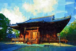 illustration,material,free,landscape,picture,painting,color pencil,crayon,drawing,Ninna-ji Temple Kannondo, Japanese architectural style, The Kannon-with-One-Thousand-Arms, Chaitya, world heritage