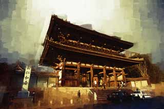 illust, materiell, befreit, Landschaft, Bild, Gemlde, Farbbleistift, Wachsmalstift, Zeichnung,,Der Ninna-ji Temple Nio Htergottheitstor, Deva-Tor, Fall bemuttert Aussehen von einem Haus, Japanischer architektonischer Stil, berhmter Tempel mit einer ehrwrdigen Geschichte