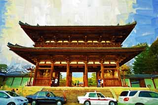 illust, materiell, befreit, Landschaft, Bild, Gemlde, Farbbleistift, Wachsmalstift, Zeichnung,,Der Ninna-ji Temple Nio Htergottheitstor, Deva-Tor, Fall bemuttert Aussehen von einem Haus, Japanischer architektonischer Stil, berhmter Tempel mit einer ehrwrdigen Geschichte