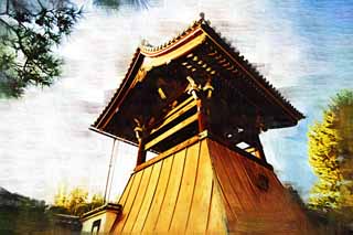 illust, material, livram, paisagem, quadro, pintura, lpis de cor, creiom, puxando,Myoshin-ji Templo sino torre, Egen Kanzan, sino de templo, O papa de jardim de flor, templo que pertence  seita de Zen