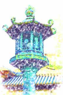 illust, materiell, befreit, Landschaft, Bild, Gemlde, Farbbleistift, Wachsmalstift, Zeichnung,,Myoshin-ji Temple-Garten Laterne, Drachen, , Der Blumengartenpapst, Tempelbesitzstck zur Zensekte