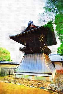 Illust, materieel, vrij, landschap, schilderstuk, schilderstuk, kleuren potlood, crayon, werkje,Myoshin-ji Tempel klokje toren, Egen Kanzan, Tempel klokje, De bloementuin paus, Tempel behorend bij de Zen sekte