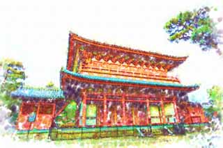 illustration,material,free,landscape,picture,painting,color pencil,crayon,drawing,Myoshin-ji Temple Mikado, Egen Kanzan, I am painted in red, The flower garden pope, temple belonging to the Zen sect