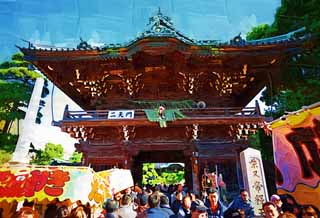 illust, materiell, befreit, Landschaft, Bild, Gemlde, Farbbleistift, Wachsmalstift, Zeichnung,,Das Tor von Shibamata Taishaku-zehn Tempel, Deva-Tor, Neujahr besucht zu einem schintoistischen Schrein, Verehrer, Groartiger Stau