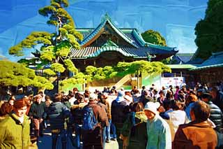 illust, materiell, befreit, Landschaft, Bild, Gemlde, Farbbleistift, Wachsmalstift, Zeichnung,,Shibamata Taishaku-zehn Tempel, Fall bemuttert Aussehen von einem Hausziegel-Material zum Dachdecken, Neujahr besucht zu einem schintoistischen Schrein, Verehrer, Geldgabe