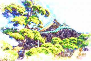 illust, matire, libre, paysage, image, le tableau, crayon de la couleur, colorie, en tirant,Shibamata Taishaku-dix temple, Apparence de la mre du cas d'une carreau-toiture de maison, La visite de nouvelle anne  un temple shintoste, adorateur, offre de l'argent