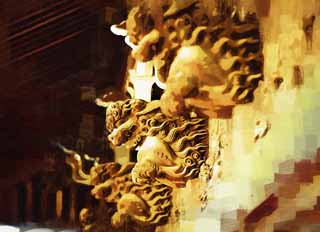 illust, matire, libre, paysage, image, le tableau, crayon de la couleur, colorie, en tirant,Shibamata Taishaku-dix sculpture de Temple, lion, sculpture, grain de bois, Bouddhisme