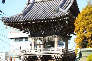 Foto, materiell, befreit, Landschaft, Bild, hat Foto auf Lager,Shibamata Sakra Deranam Indra Glocke Turm, Tempelglocke, Schintoistische Strohgirlande, Dachziegel, Buddhismus