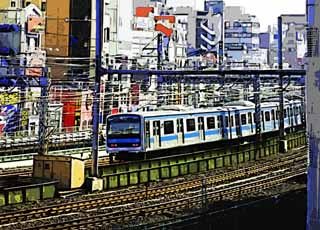 illust, matire, libre, paysage, image, le tableau, crayon de la couleur, colorie, en tirant,Keihintouhoku rglent, vhicule, train du banlieusard, 6 vhicules de la porte, ligne bleue