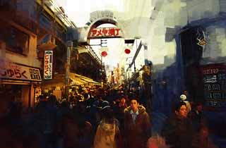 illustration,material,free,landscape,picture,painting,color pencil,crayon,drawing,Ameyoko-cho Arcade, national flag, crowd, Shopping, Good bargain