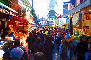 illustration,material,free,landscape,picture,painting,color pencil,crayon,drawing,Ameyoko-cho Arcade, national flag, crowd, Shopping, Good bargain