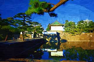 illust, materiale, libero panorama, ritratto dipinto, matita di colore disegna a pastello, disegnando,Due pieghe dei remi di Sakurada, Edo-jo il Castello, tesoreria, fossato, Ishigaki