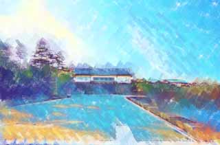 Illust, materieel, vrij, landschap, schilderstuk, schilderstuk, kleuren potlood, crayon, werkje,Ht moat van de Imperial Palace, Edo-jo Kasteel, , Defensie, Een werkkring stad