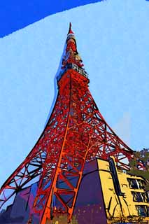 illust, materiell, befreit, Landschaft, Bild, Gemlde, Farbbleistift, Wachsmalstift, Zeichnung,,Tokyo-Turm, Sammlung elektrischer Wellenturm, Rot und wei, Eine Antenne, Eine Sternwarte