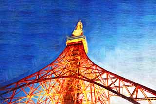 illustration,material,free,landscape,picture,painting,color pencil,crayon,drawing,Tokyo Tower, collection electric wave tower, Red and white, An antenna, An observatory