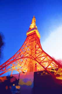 illustration,material,free,landscape,picture,painting,color pencil,crayon,drawing,Tokyo Tower, collection electric wave tower, I light it up, An antenna, An observatory