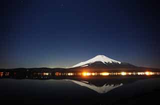 fotografia, material, livra, ajardine, imagine, proveja fotografia,Mt. Fuji, Fujiyama, As montanhas nevadas, superfcie de um lago, Cu iluminado pelas estrelas