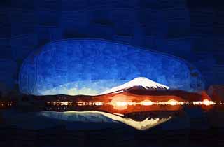 Illust, materieel, vrij, landschap, schilderstuk, schilderstuk, kleuren potlood, crayon, werkje,Mt. Fuji, Fujiyama, De besneeuwde bergen, Vlak van een plas, Starlit lucht