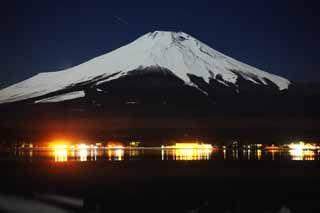 fotografia, material, livra, ajardine, imagine, proveja fotografia,Mt. Fuji, Fujiyama, As montanhas nevadas, superfcie de um lago, Cu iluminado pelas estrelas