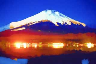 illust, materiell, befreit, Landschaft, Bild, Gemlde, Farbbleistift, Wachsmalstift, Zeichnung,,Mt. Fuji, Fujiyama, Die schneebedeckten Berge, Oberflche eines Sees, Sternheller Himmel