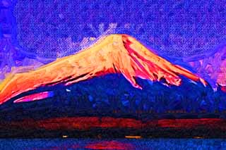 Illust, materieel, vrij, landschap, schilderstuk, schilderstuk, kleuren potlood, crayon, werkje,Rode Fuji, Fujiyama, De besneeuwde bergen, Vlak van een plas, De morgen gloeien