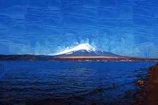 illustration,material,free,landscape,picture,painting,color pencil,crayon,drawing,Mt. Fuji, Fujiyama, The snowy mountains, surface of a lake, blue sky