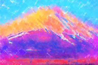 illust,tela,gratis,paisaje,fotografa,idea,pintura,Lpiz de color,dibujo,Fuji rojo, Fujiyama, Las montaas cubiertas de nieve, Superficie de un lago, El brillo matutino