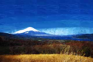 illust, materiale, libero panorama, ritratto dipinto, matita di colore disegna a pastello, disegnando,Mt. Fuji, Fujiyama, Le montagne nevose, Spruzzi di neve, Il mountaintop