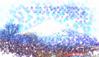 Illust, materieel, vrij, landschap, schilderstuk, schilderstuk, kleuren potlood, crayon, werkje,Mt. Fuji, Fujiyama, De besneeuwde bergen, Nevel van sneeuwen, Ht mountaintop