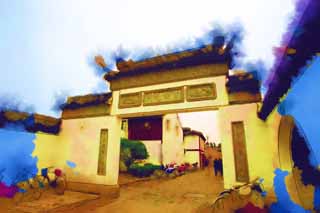 illust,tela,gratis,paisaje,fotografa,idea,pintura,Lpiz de color,dibujo,La puerta de Zhujiajiao, Pared blanca, Estilo chino, Escultura, La historia