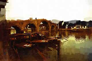 illust, materiale, libero panorama, ritratto dipinto, matita di colore disegna a pastello, disegnando,Zhujiajiao lasci vada a fare un ponte su, Un ponte arcuato, nave, Dieci persona di viste di angolo cinabro, bene arcobaleno di testa di Zona