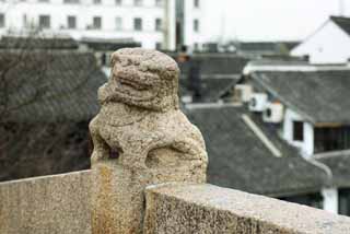 foto,tela,gratis,paisaje,fotografa,idea,Par de Zhujiajiao de tutor perros de piedra, Estatua de piedra, Len, Diez persona de visualizaciones de esquina bermellones, Arco iris de cabeza de zona bien