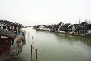 fotografia, materiale, libero il panorama, dipinga, fotografia di scorta,Zhujiajiao provvedere di canale*, muro bianco, canale, Io sono dipinto in rosso, tegola