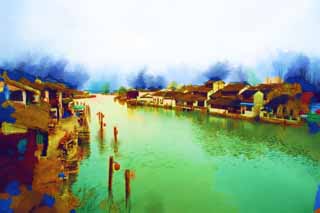 illust, materiale, libero panorama, ritratto dipinto, matita di colore disegna a pastello, disegnando,Zhujiajiao provvedere di canale*, muro bianco, canale, Io sono dipinto in rosso, tegola