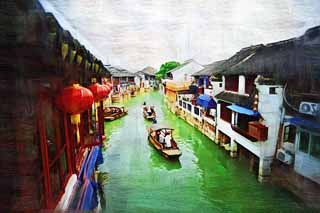 Illust, materieel, vrij, landschap, schilderstuk, schilderstuk, kleuren potlood, crayon, werkje,Zhujiajiao kanaal, Vaarwater, Lantaarn, Overhandig-arbeidde vissersboot schip, Toeristisch