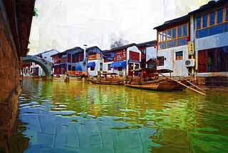 illustration,material,free,landscape,picture,painting,color pencil,crayon,drawing,Zhujiajiao canal, waterway, The surface of the water, hand-worked fishing boat ship, tourist