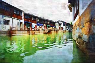 illust, materiell, befreit, Landschaft, Bild, Gemlde, Farbbleistift, Wachsmalstift, Zeichnung,,Zhujiajiao-Kanal, Wasserstrae, Die Oberflche des Wassers, Ishigaki, weie Mauer