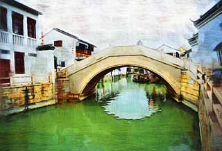illust, materiale, libero panorama, ritratto dipinto, matita di colore disegna a pastello, disegnando,Tempio di Zhujiajiao, idrovia, ponte di pietra, Un ponte arcuato, Facendo il turista nave
