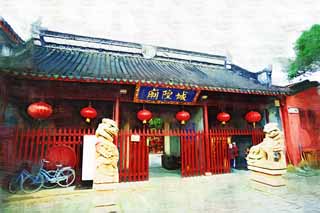 illustration,material,free,landscape,picture,painting,color pencil,crayon,drawing,Zhujiajiao Temple, Chaitya, I am painted in red, pair of stone guardian dogs, lantern