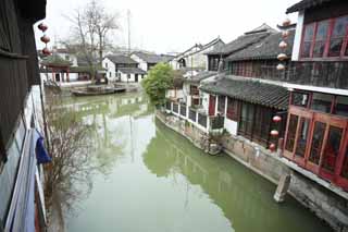 Foto, materiell, befreit, Landschaft, Bild, hat Foto auf Lager,Zhujiajiao-Kanal, Wasserstrae, Die Oberflche des Wassers, Ishigaki, weie Mauer