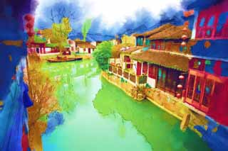 illust, materiell, befreit, Landschaft, Bild, Gemlde, Farbbleistift, Wachsmalstift, Zeichnung,,Zhujiajiao-Kanal, Wasserstrae, Die Oberflche des Wassers, Ishigaki, weie Mauer