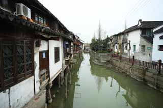 Foto, materiell, befreit, Landschaft, Bild, hat Foto auf Lager,Zhujiajiao-Kanal, Wasserstrae, Die Oberflche des Wassers, Ishigaki, weie Mauer