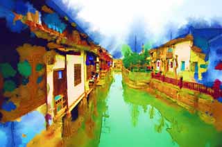 illust, materiale, libero panorama, ritratto dipinto, matita di colore disegna a pastello, disegnando,Zhujiajiao provvedere di canale*, idrovia, La superficie dell'acqua, Ishigaki, muro bianco