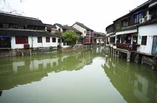 fotografia, materiale, libero il panorama, dipinga, fotografia di scorta,Zhujiajiao provvedere di canale*, idrovia, La superficie dell'acqua, Ishigaki, muro bianco