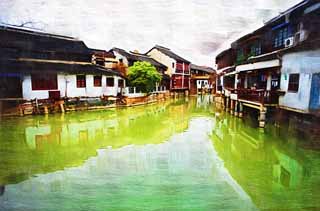 illust, materiell, befreit, Landschaft, Bild, Gemlde, Farbbleistift, Wachsmalstift, Zeichnung,,Zhujiajiao-Kanal, Wasserstrae, Die Oberflche des Wassers, Ishigaki, weie Mauer