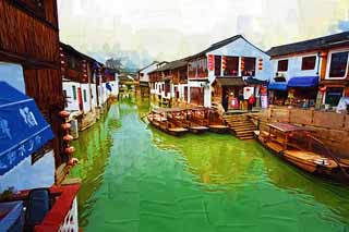 illust, matire, libre, paysage, image, le tableau, crayon de la couleur, colorie, en tirant,Canal Zhujiajiao, voie navigable, La surface de l'eau, bateau de bateau de pche main-travaill, touriste