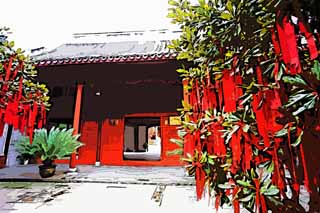 illust, matire, libre, paysage, image, le tableau, crayon de la couleur, colorie, en tirant,Temple Zhujiajiao, Chaitya, Je suis peint en rouge, La porte, billet